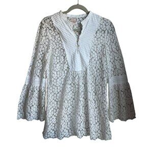 Sundance Med Tunic Shirt Cream Floral Lace Embroidered Cotton Bl Boho